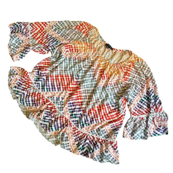 Zac & Rachel Boho Geometric Print Top Size 2X Colorful Indian Gauze Crochet - Picture 1 of 6